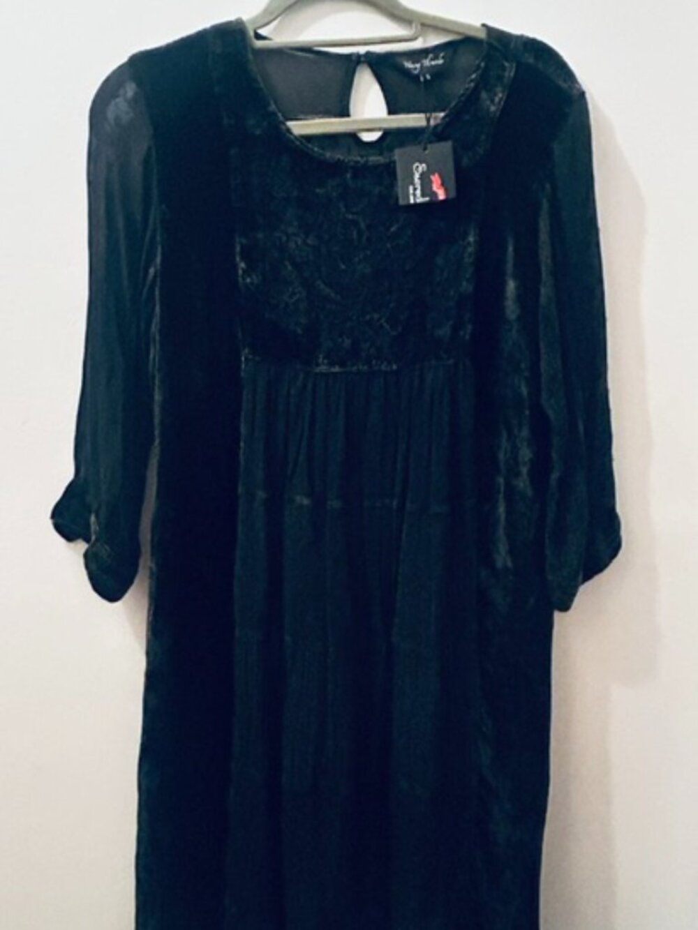 Young Threads Round Neck Embroidered Lace Lush Black Crush Velvet Boho Dress NEW